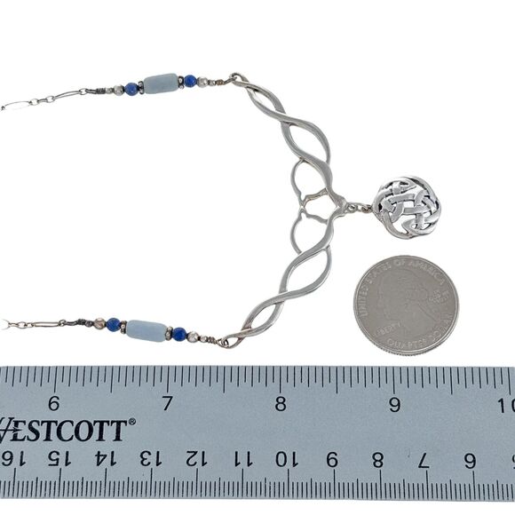 Lapis Lazuli Jadeite Bead Celtic Knot Necklace | Vintage Sterling Silver | 18" - Picture 7 of 7